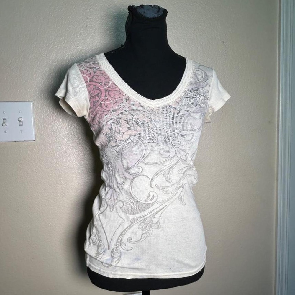 Mudd Baby Tee White Pink Grunge Swirl Graphic Fitted Y2K 2000s Medium